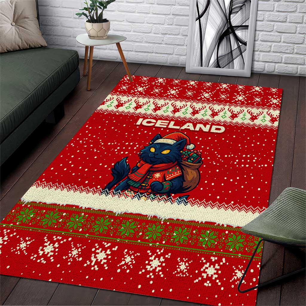 Iceland Christmas Area Rug with Red Snowflake Pattern Yule Cat and National Coat of Arms Motif - Wonder Print Shop