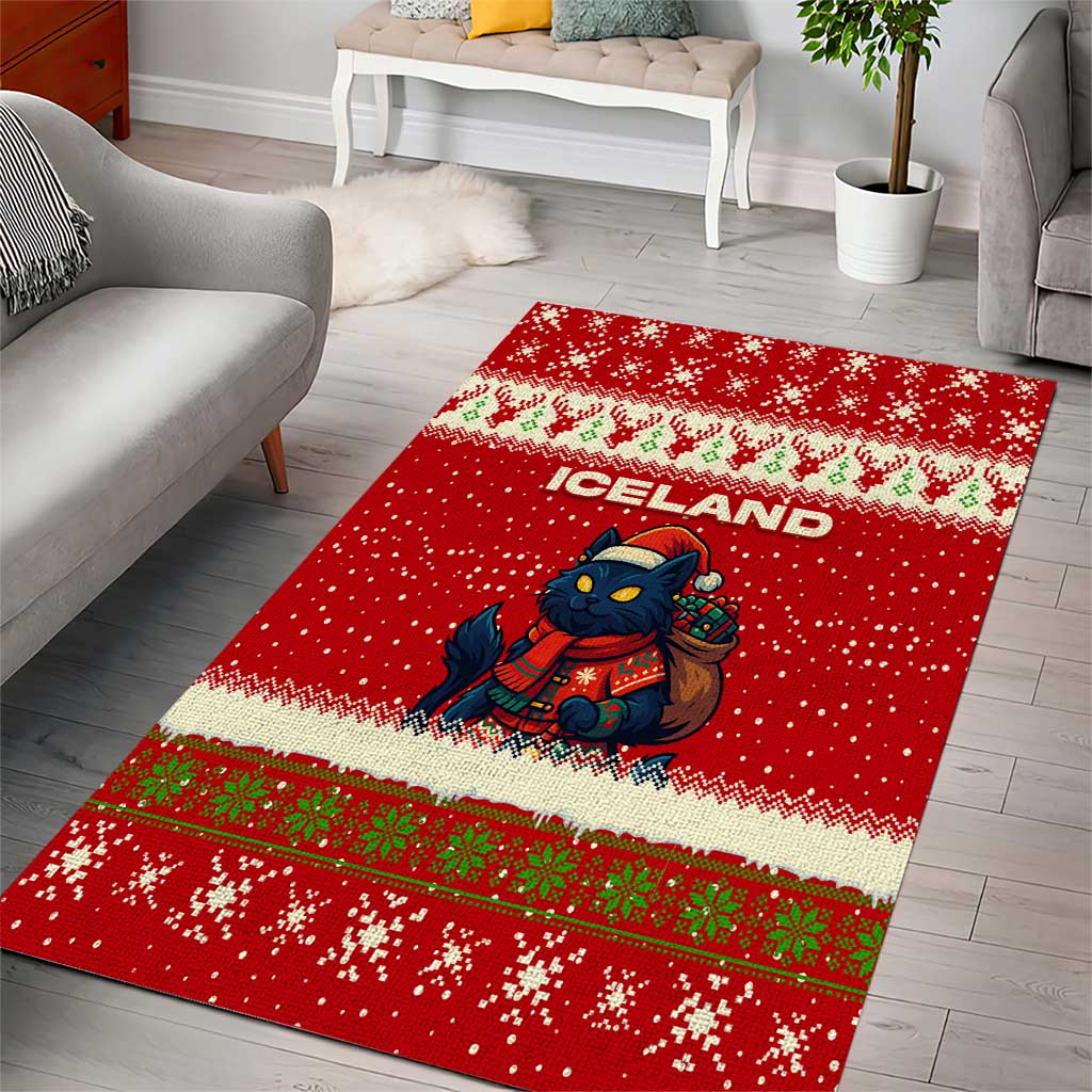 Iceland Christmas Area Rug with Red Snowflake Pattern Yule Cat and National Coat of Arms Motif - Wonder Print Shop