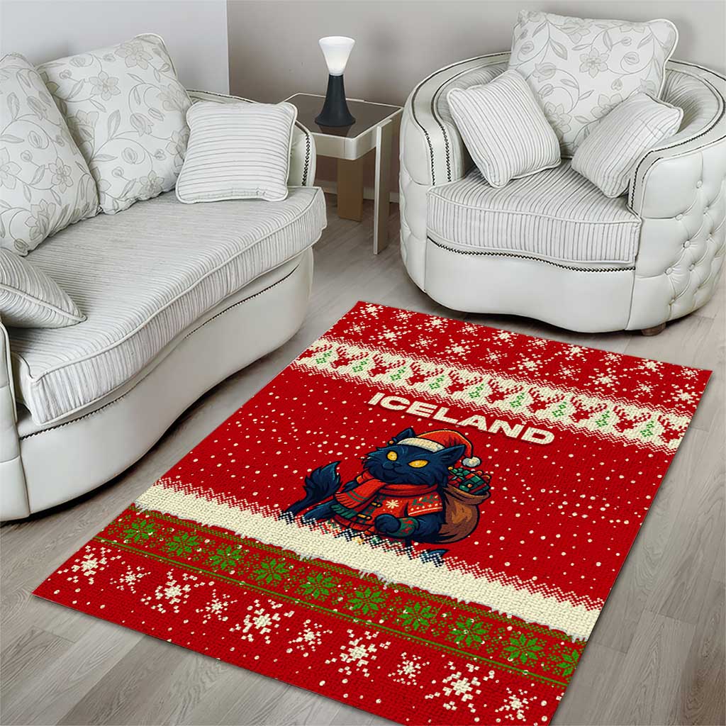 Iceland Christmas Area Rug with Red Snowflake Pattern Yule Cat and National Coat of Arms Motif - Wonder Print Shop