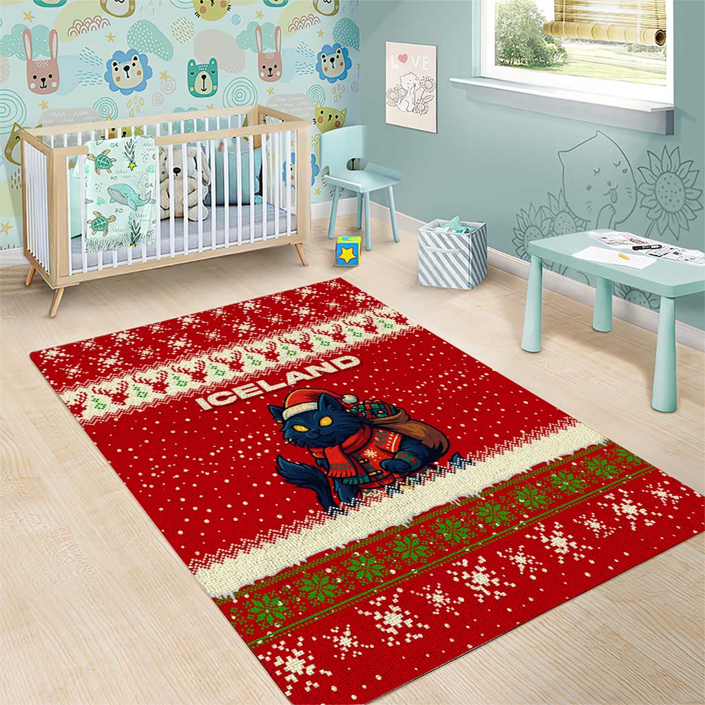 Iceland Christmas Area Rug with Red Snowflake Pattern Yule Cat and National Coat of Arms Motif - Wonder Print Shop