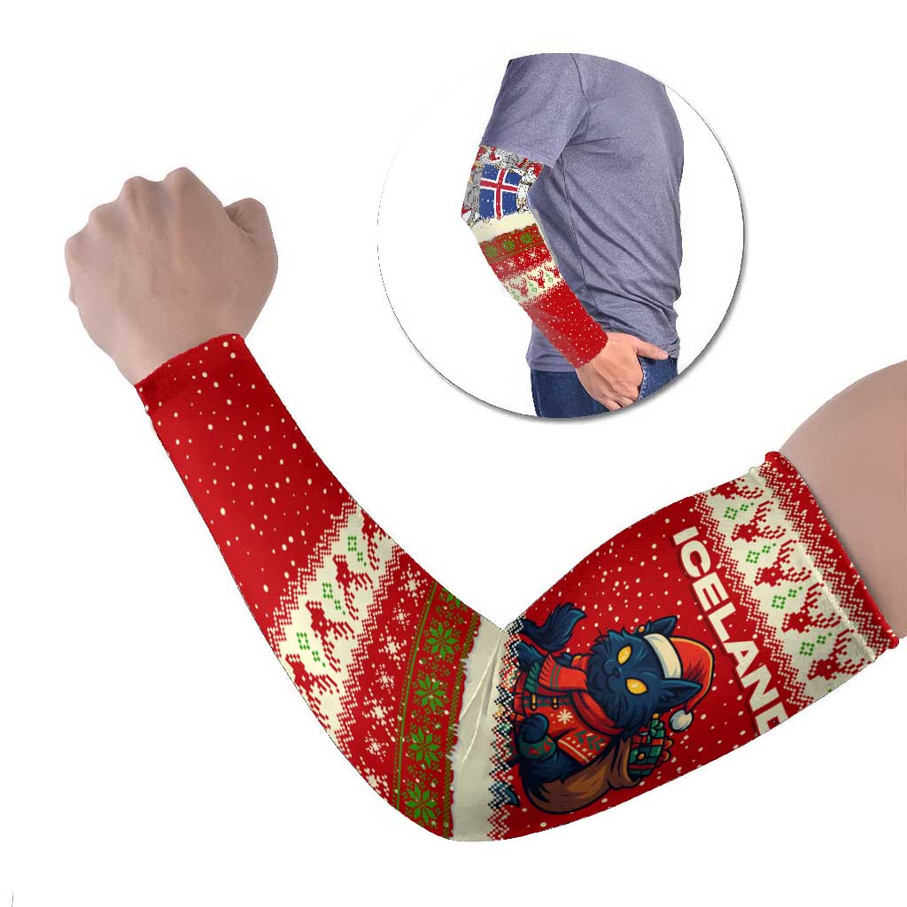 Iceland Christmas Arm Sleeves with Red Snowflake Pattern Yule Cat and National Coat of Arms Motif - Wonder Print Shop