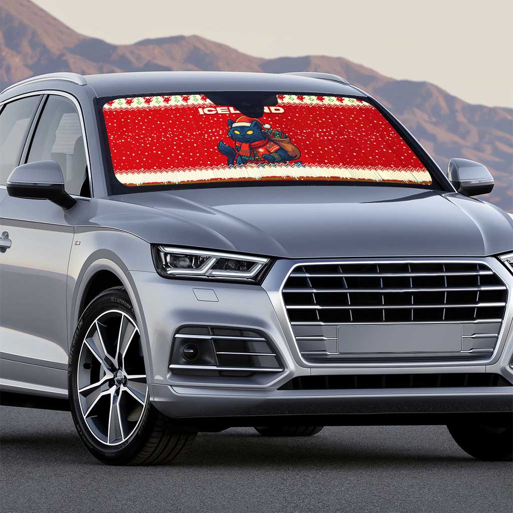 Iceland Christmas Auto Sun Shade with Red Snowflake Pattern Yule Cat and National Coat of Arms Motif - Wonder Print Shop