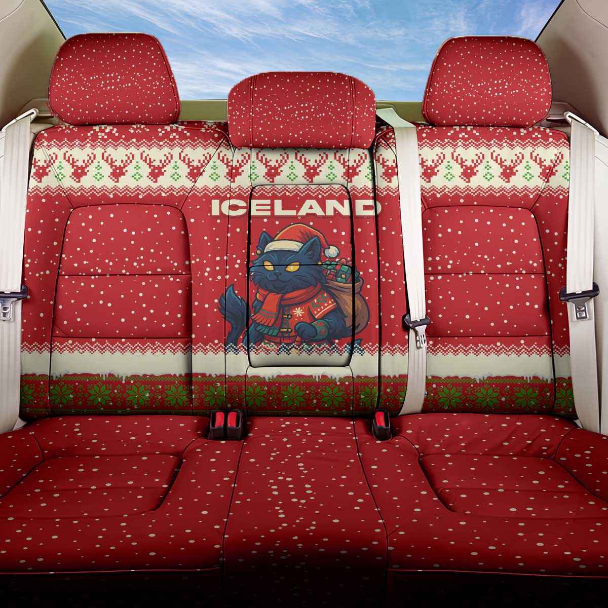 Iceland Christmas Back Car Seat Cover with Red Snowflake Pattern Yule Cat and National Coat of Arms Motif - Wonder Print Shop