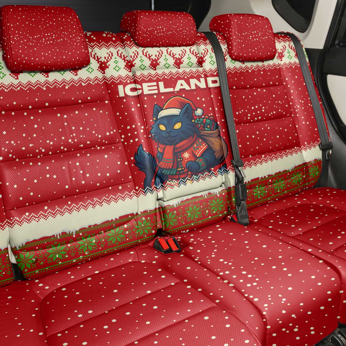 Iceland Christmas Back Car Seat Cover with Red Snowflake Pattern Yule Cat and National Coat of Arms Motif - Wonder Print Shop