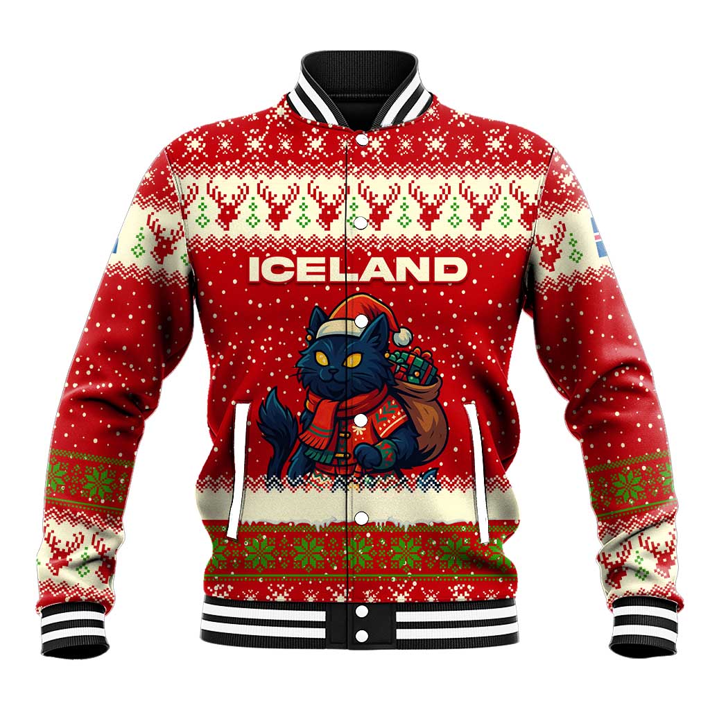 Iceland Christmas Baseball Jacket with Red Snowflake Pattern Yule Cat and National Coat of Arms Motif - Wonder Print Shop