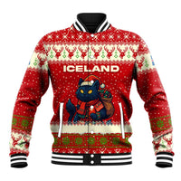 Iceland Christmas Baseball Jacket with Red Snowflake Pattern Yule Cat and National Coat of Arms Motif - Wonder Print Shop