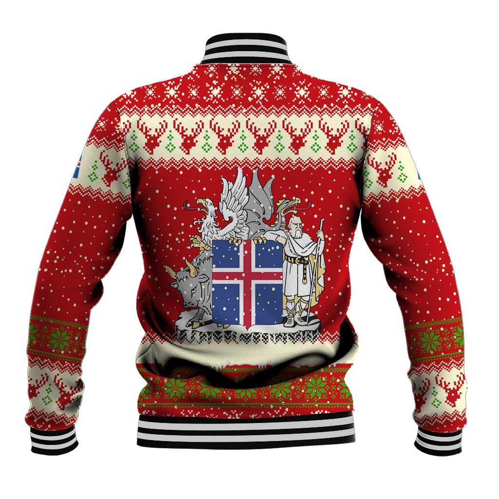 Iceland Christmas Baseball Jacket with Red Snowflake Pattern Yule Cat and National Coat of Arms Motif - Wonder Print Shop