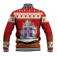 Iceland Christmas Baseball Jacket with Red Snowflake Pattern Yule Cat and National Coat of Arms Motif - Wonder Print Shop
