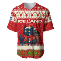 Iceland Christmas Baseball Jersey with Red Snowflake Pattern Yule Cat and National Coat of Arms Motif - Wonder Print Shop