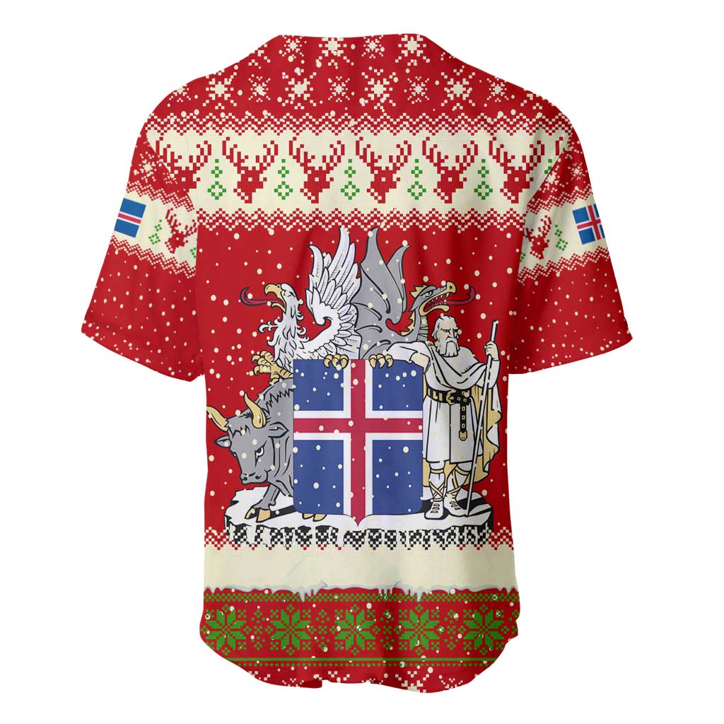 Iceland Christmas Baseball Jersey with Red Snowflake Pattern Yule Cat and National Coat of Arms Motif - Wonder Print Shop