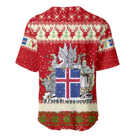 Iceland Christmas Baseball Jersey with Red Snowflake Pattern Yule Cat and National Coat of Arms Motif - Wonder Print Shop