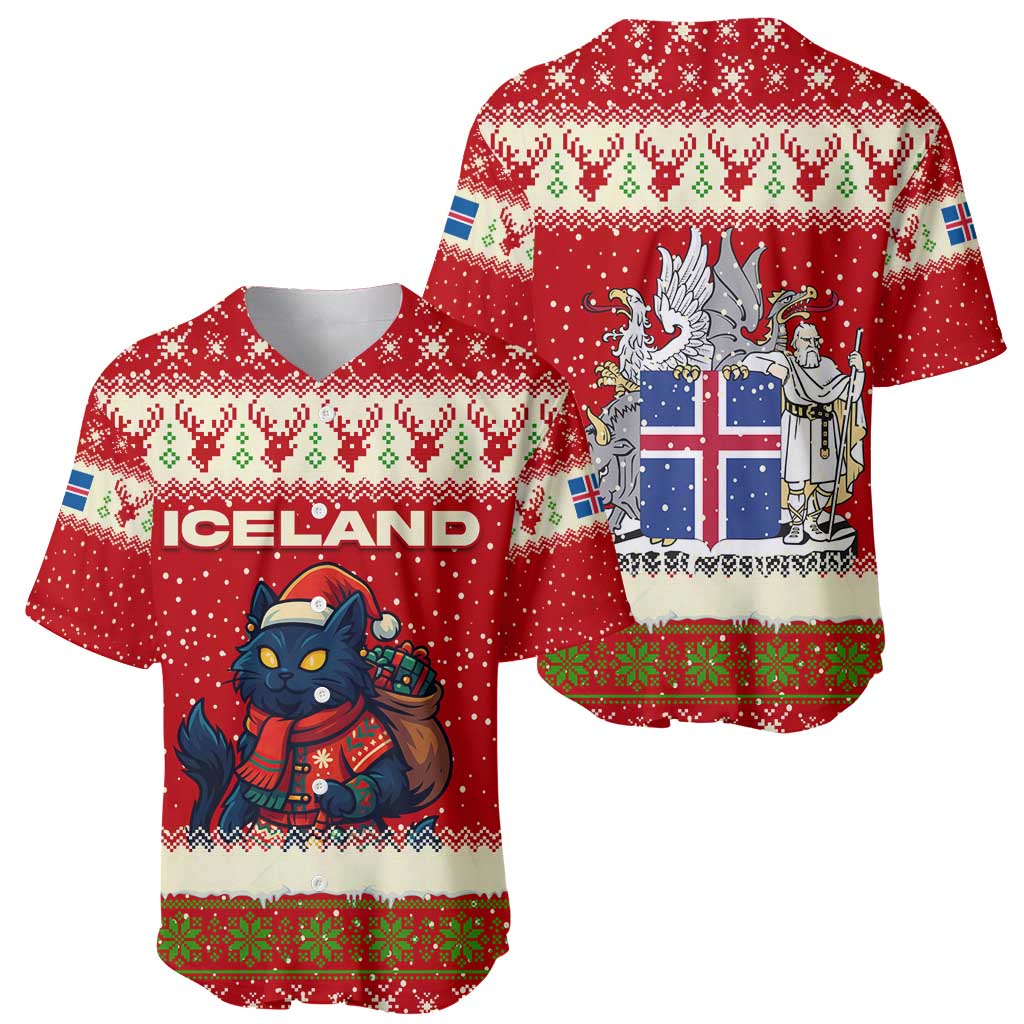 Iceland Christmas Baseball Jersey with Red Snowflake Pattern Yule Cat and National Coat of Arms Motif - Wonder Print Shop