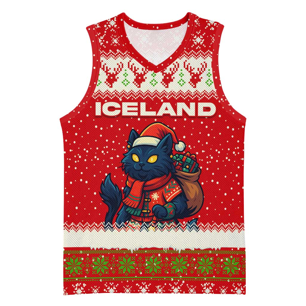 Iceland Christmas Basketball Jersey with Red Snowflake Pattern Yule Cat and National Coat of Arms Motif - Wonder Print Shop