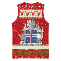 Iceland Christmas Basketball Jersey with Red Snowflake Pattern Yule Cat and National Coat of Arms Motif - Wonder Print Shop