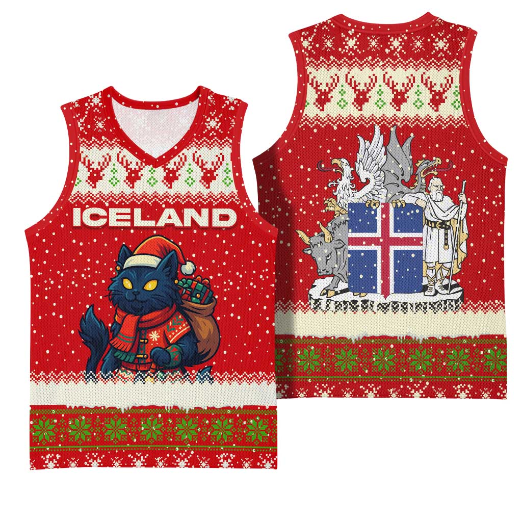 Iceland Christmas Basketball Jersey with Red Snowflake Pattern Yule Cat and National Coat of Arms Motif - Wonder Print Shop