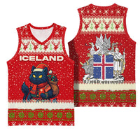 Iceland Christmas Basketball Jersey with Red Snowflake Pattern Yule Cat and National Coat of Arms Motif - Wonder Print Shop