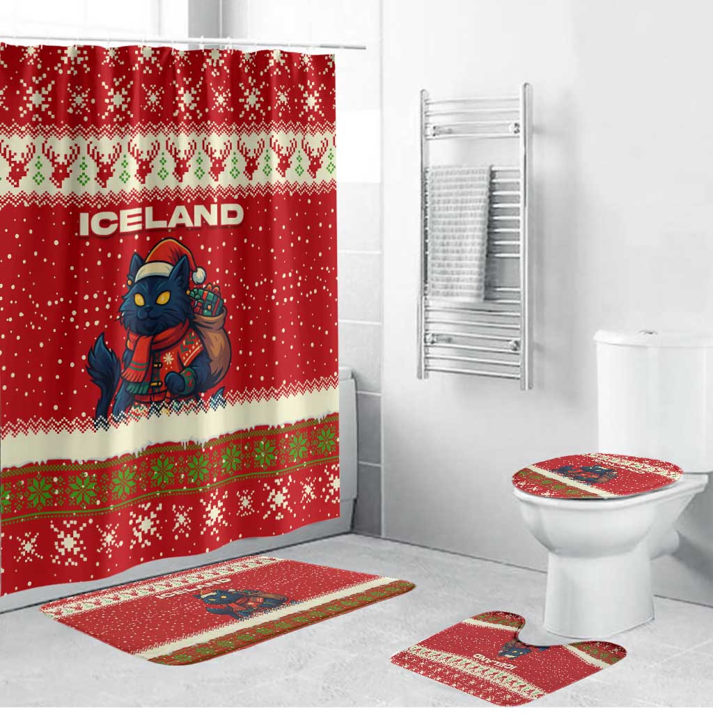 Iceland Christmas Bathroom Set with Red Snowflake Pattern Yule Cat and National Coat of Arms Motif - Wonder Print Shop