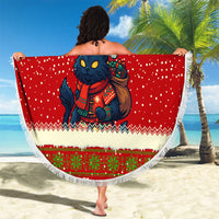 Iceland Christmas Beach Blanket with Red Snowflake Pattern Yule Cat and National Coat of Arms Motif - Wonder Print Shop