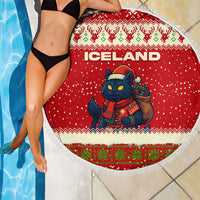 Iceland Christmas Beach Blanket with Red Snowflake Pattern Yule Cat and National Coat of Arms Motif - Wonder Print Shop