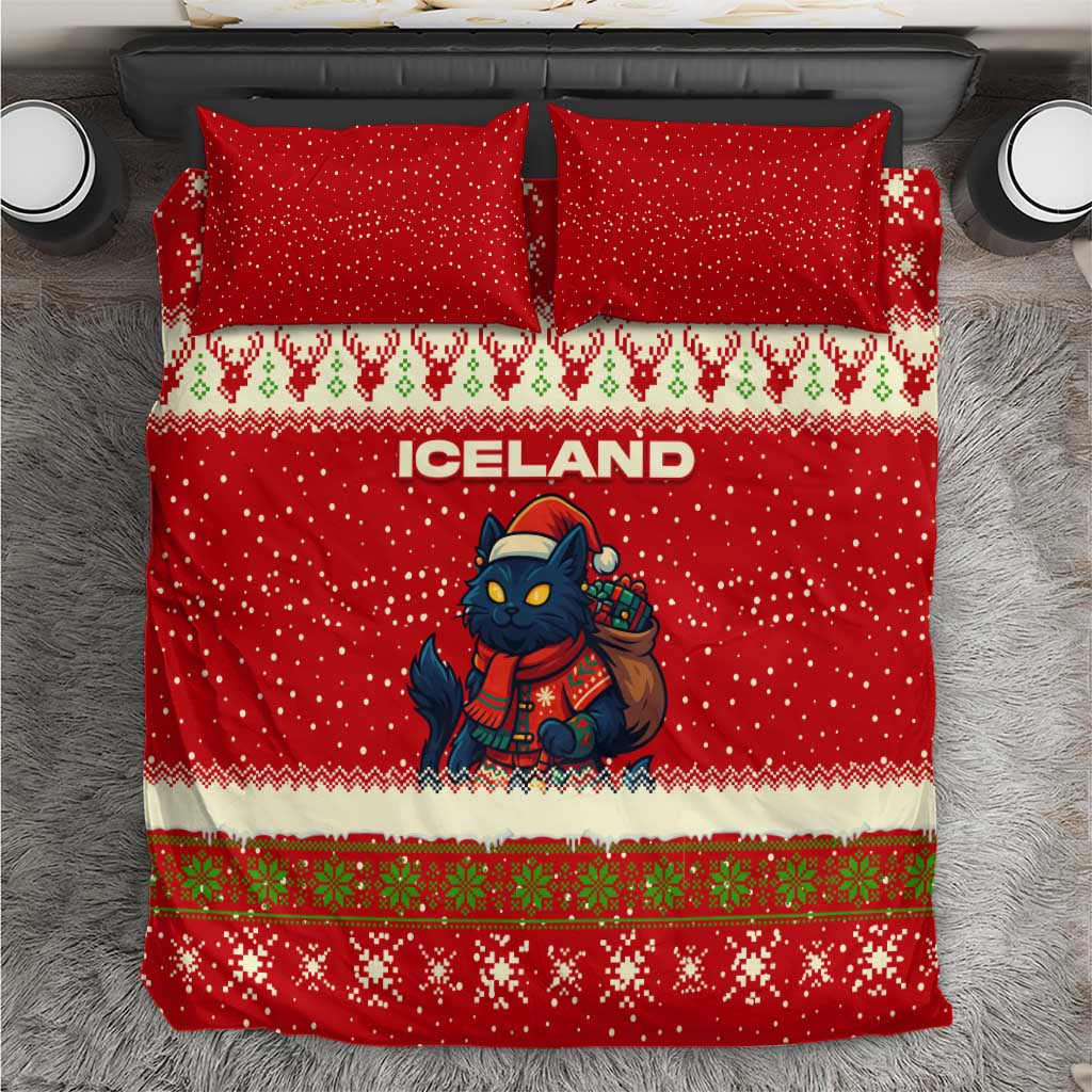 Iceland Christmas Bedding Set with Red Snowflake Pattern Yule Cat and National Coat of Arms Motif - Wonder Print Shop