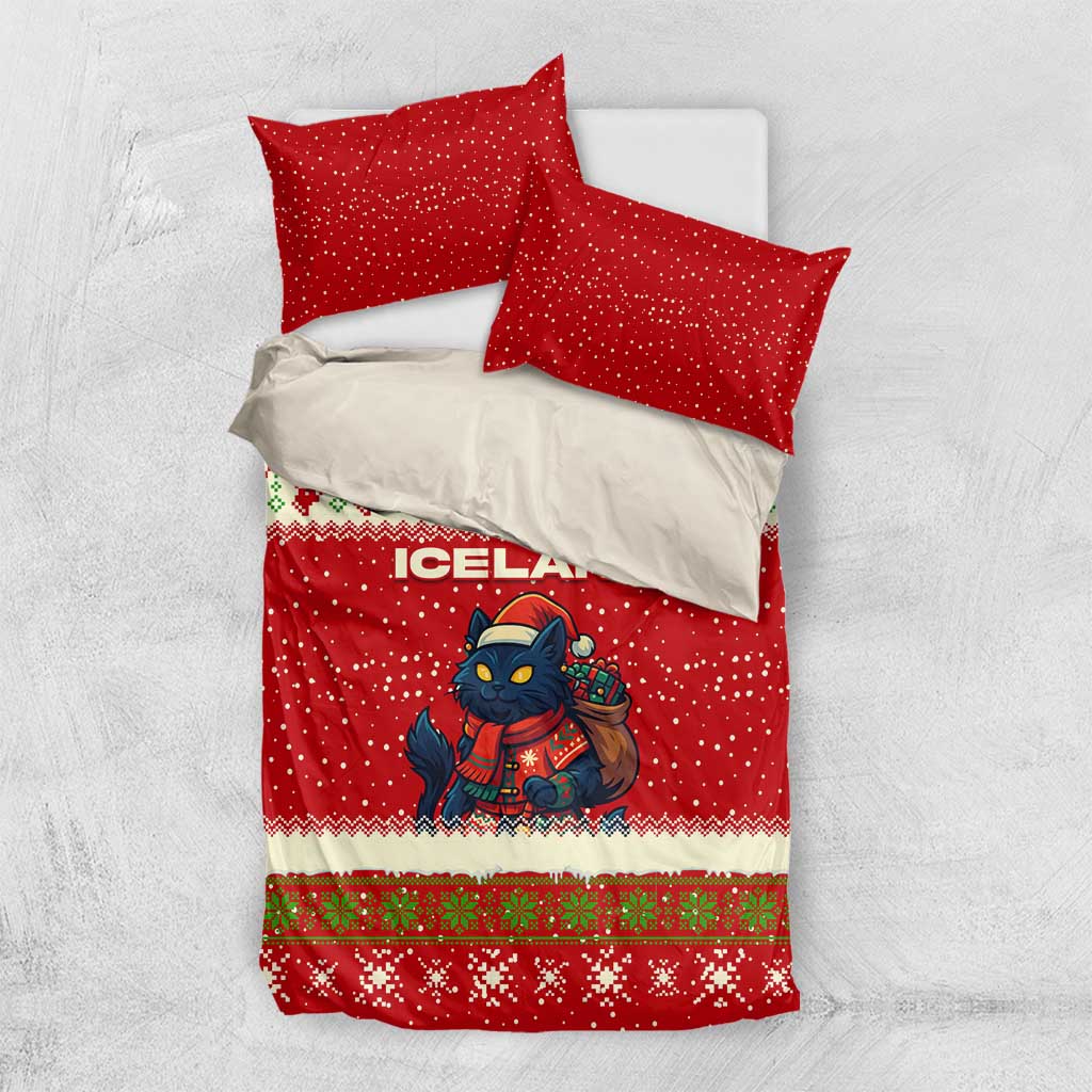 Iceland Christmas Bedding Set with Red Snowflake Pattern Yule Cat and National Coat of Arms Motif - Wonder Print Shop