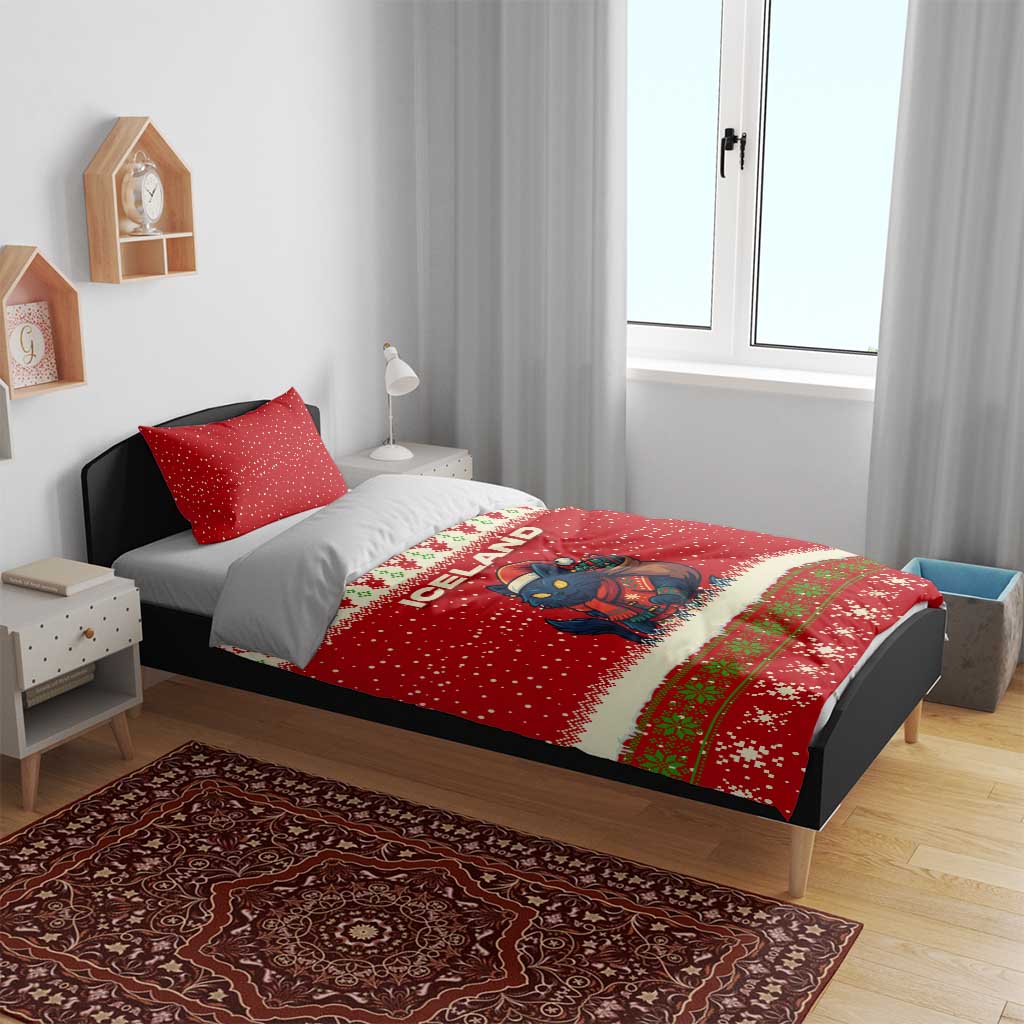 Iceland Christmas Bedding Set with Red Snowflake Pattern Yule Cat and National Coat of Arms Motif - Wonder Print Shop