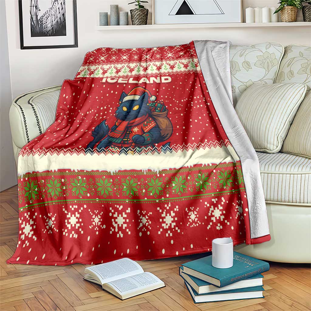 Iceland Christmas Blanket with Red Snowflake Pattern Yule Cat and National Coat of Arms Motif - Wonder Print Shop