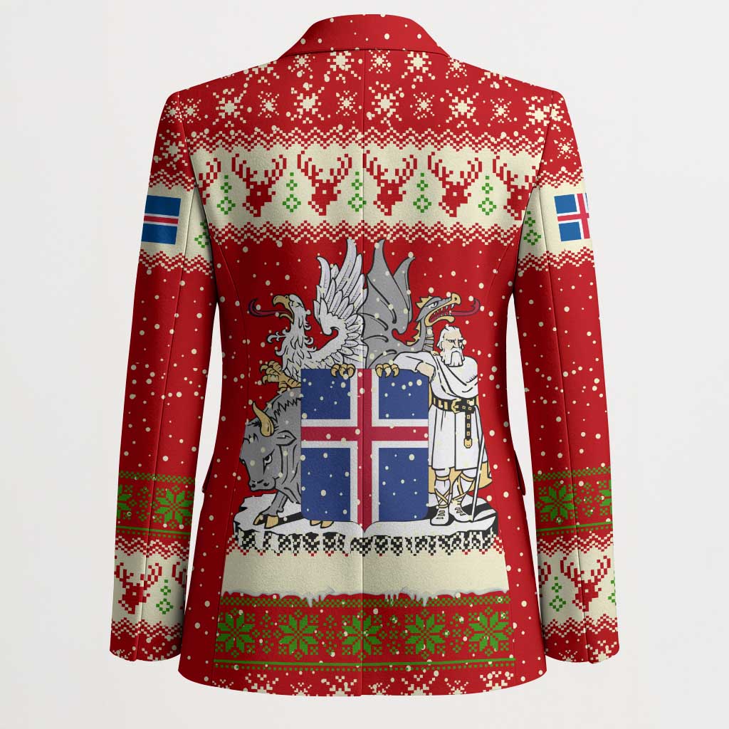 Iceland Christmas Blazer with Red Snowflake Pattern Yule Cat and National Coat of Arms Motif - Wonder Print Shop