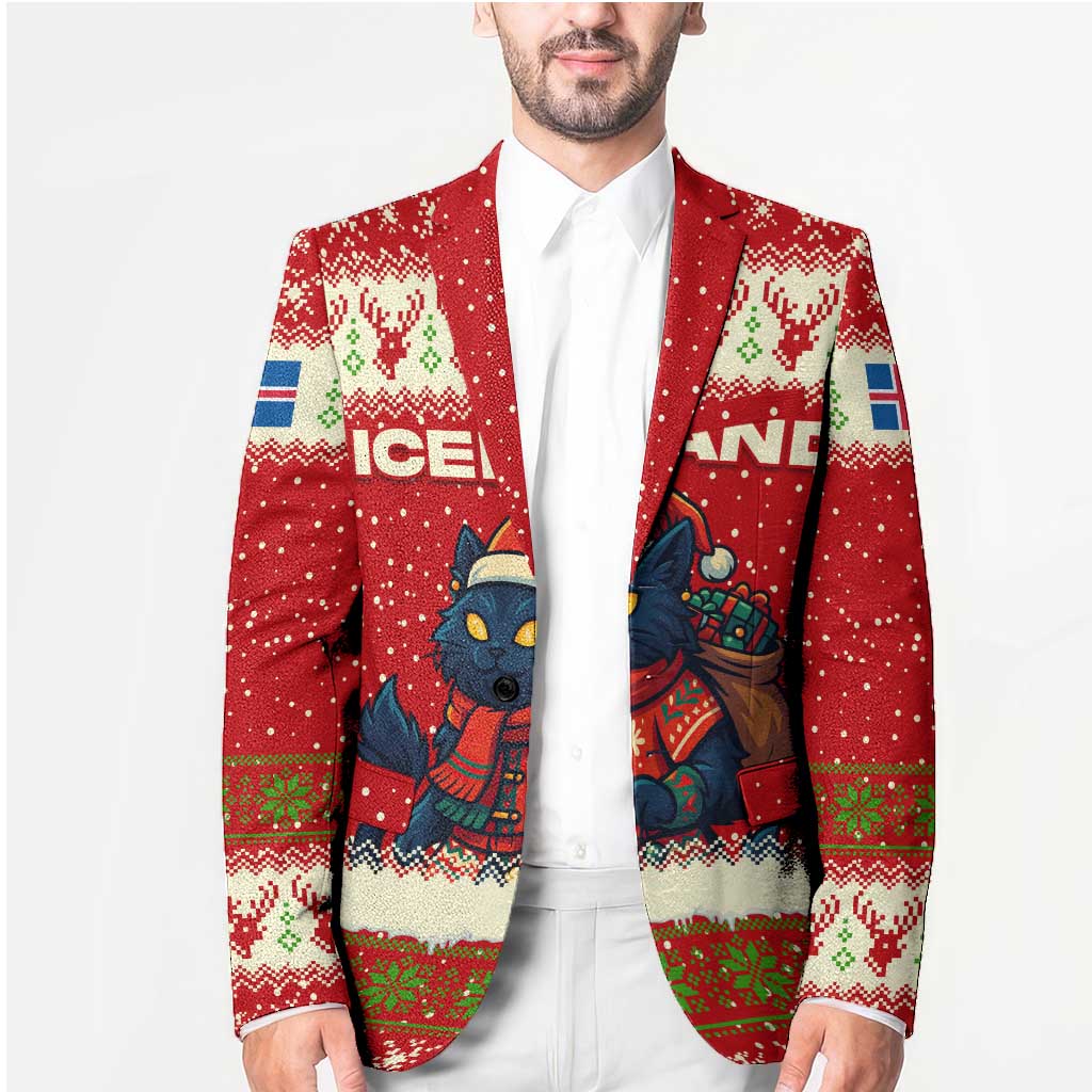 Iceland Christmas Blazer with Red Snowflake Pattern Yule Cat and National Coat of Arms Motif - Wonder Print Shop