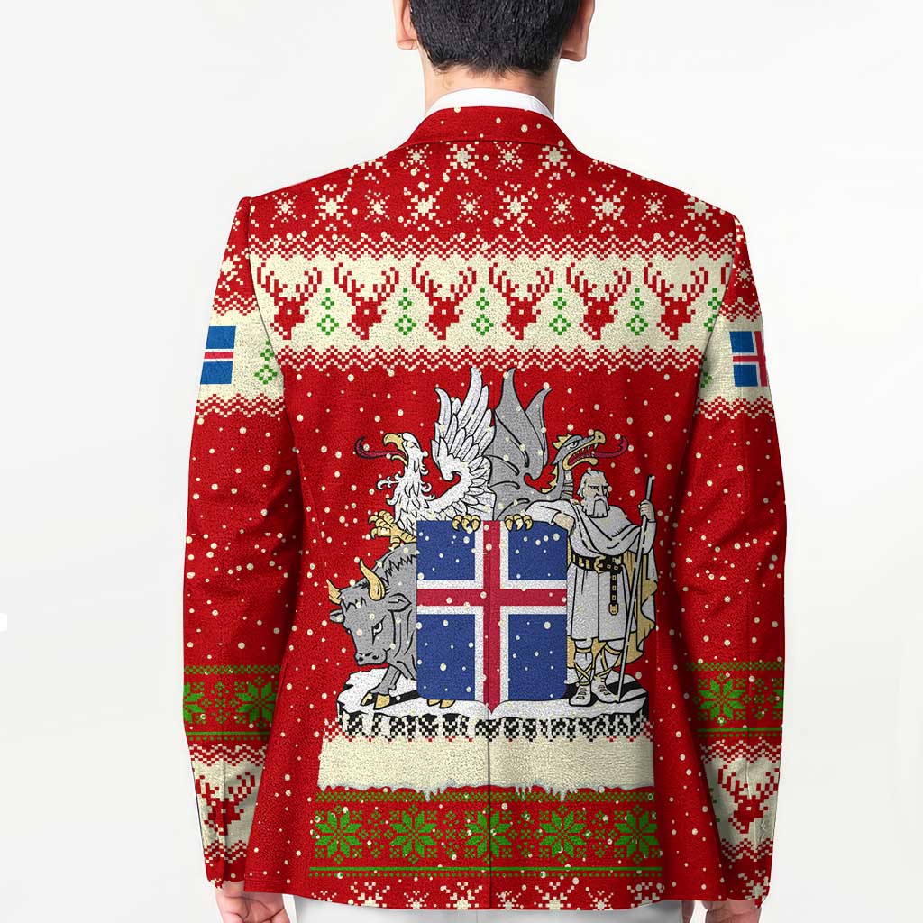 Iceland Christmas Blazer with Red Snowflake Pattern Yule Cat and National Coat of Arms Motif - Wonder Print Shop