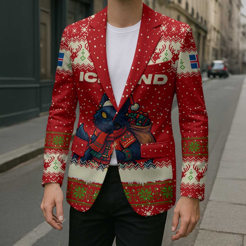 Iceland Christmas Blazer with Red Snowflake Pattern Yule Cat and National Coat of Arms Motif - Wonder Print Shop
