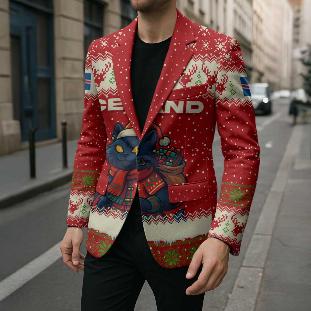 Iceland Christmas Blazer with Red Snowflake Pattern Yule Cat and National Coat of Arms Motif - Wonder Print Shop