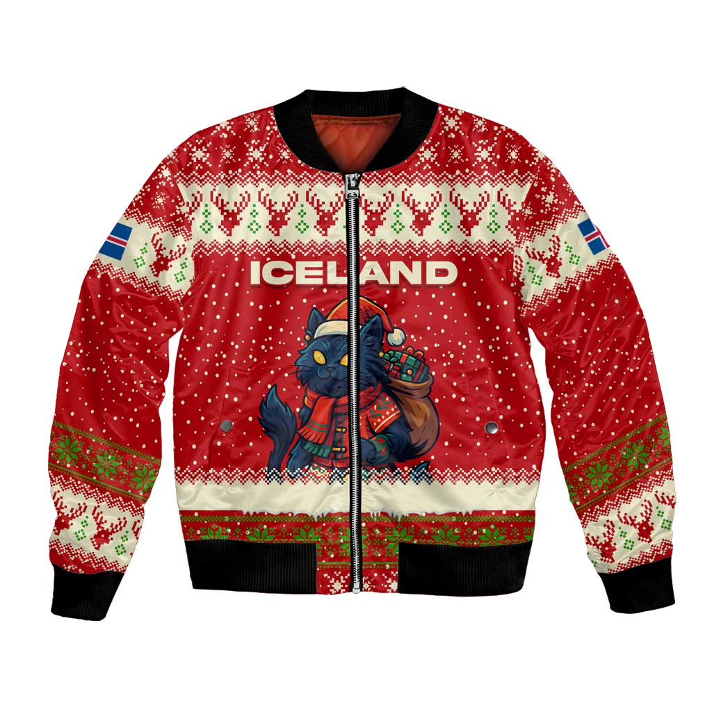 Iceland Christmas Bomber Jacket with Red Snowflake Pattern Yule Cat and National Coat of Arms Motif - Wonder Print Shop