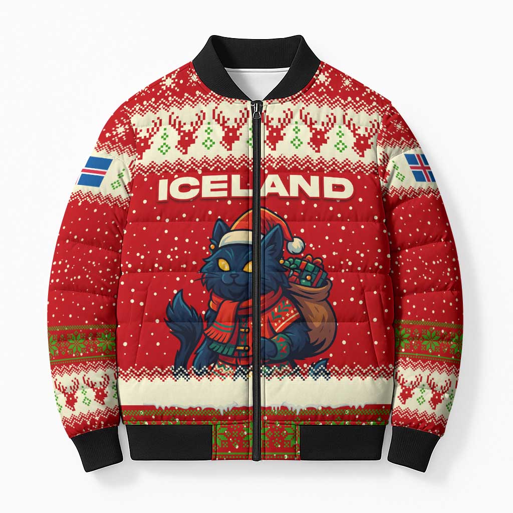 Iceland Christmas Bomber Puffer Jacket with Red Snowflake Pattern Yule Cat and National Coat of Arms Motif - Wonder Print Shop