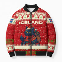 Iceland Christmas Bomber Puffer Jacket with Red Snowflake Pattern Yule Cat and National Coat of Arms Motif - Wonder Print Shop