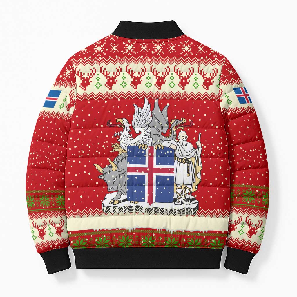 Iceland Christmas Bomber Puffer Jacket with Red Snowflake Pattern Yule Cat and National Coat of Arms Motif - Wonder Print Shop