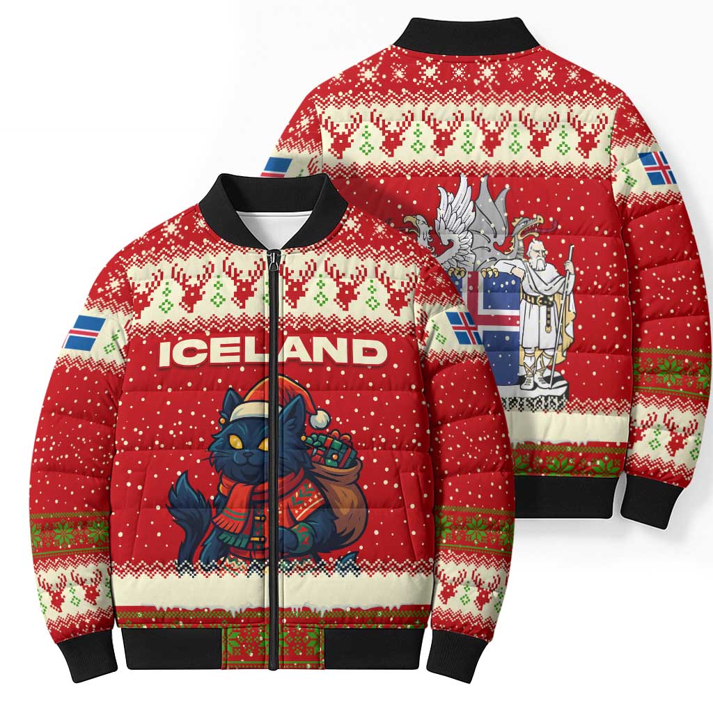 Iceland Christmas Bomber Puffer Jacket with Red Snowflake Pattern Yule Cat and National Coat of Arms Motif - Wonder Print Shop