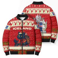 Iceland Christmas Bomber Puffer Jacket with Red Snowflake Pattern Yule Cat and National Coat of Arms Motif - Wonder Print Shop
