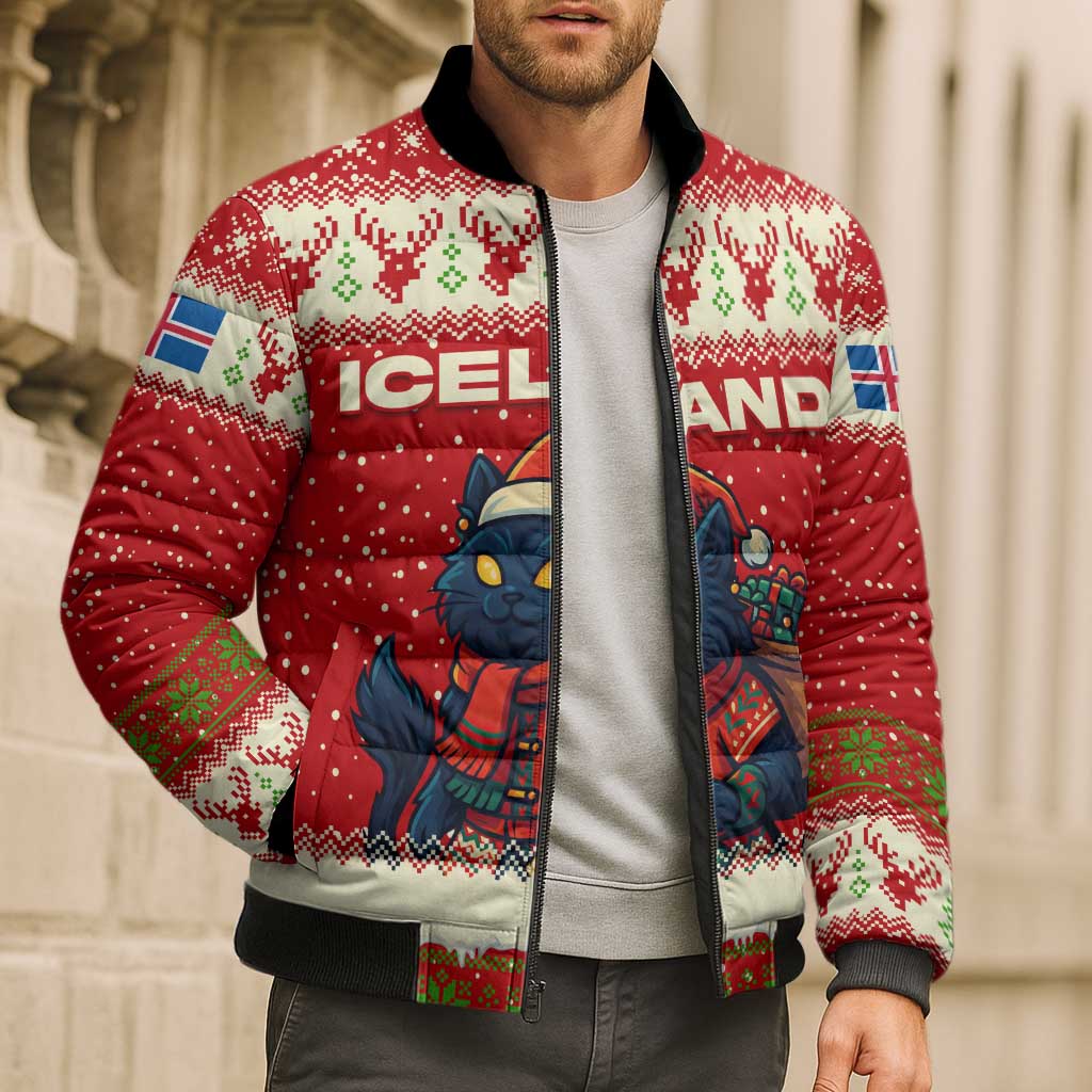 Iceland Christmas Bomber Puffer Jacket with Red Snowflake Pattern Yule Cat and National Coat of Arms Motif - Wonder Print Shop