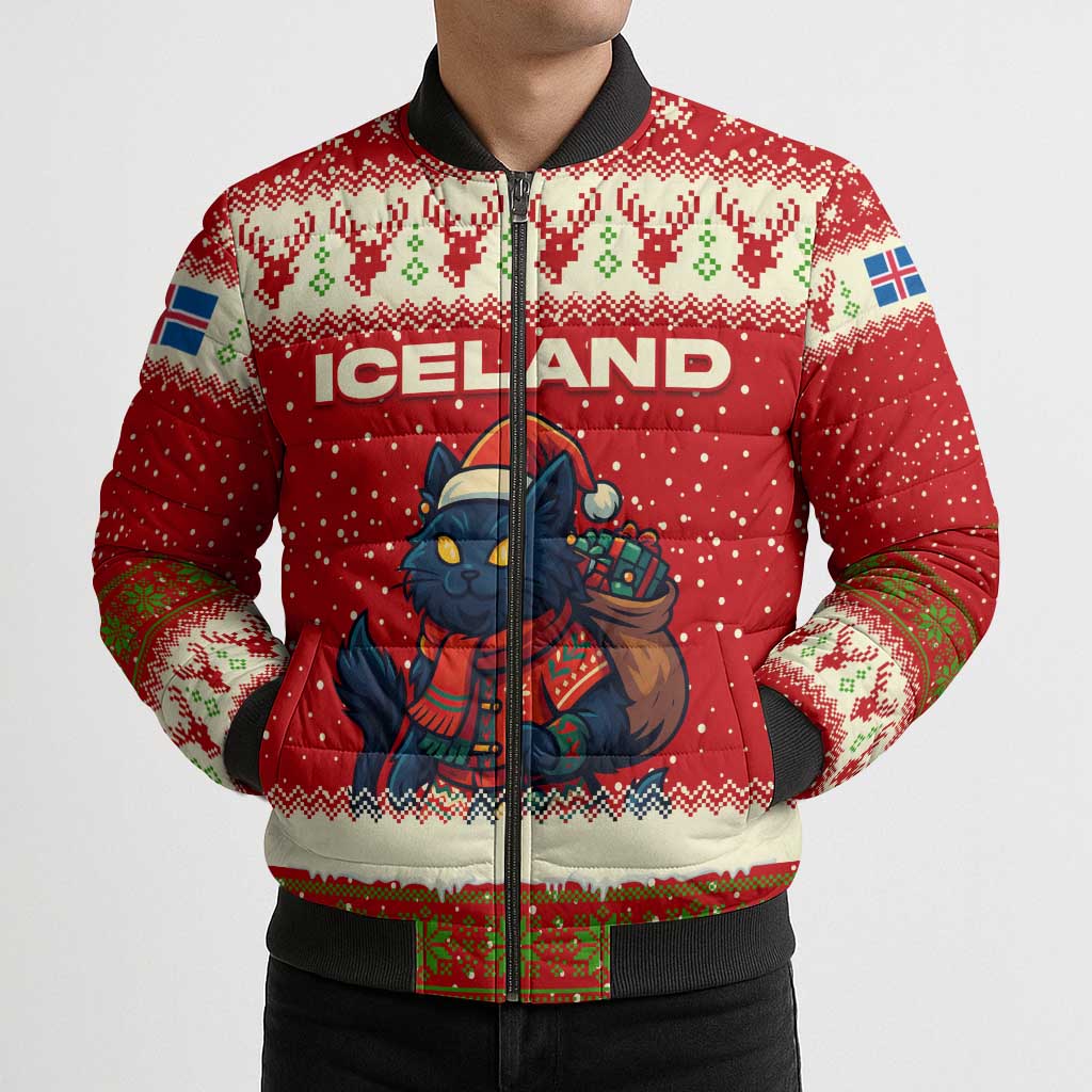 Iceland Christmas Bomber Puffer Jacket with Red Snowflake Pattern Yule Cat and National Coat of Arms Motif - Wonder Print Shop