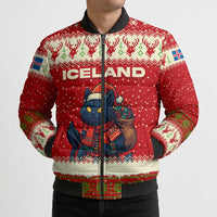 Iceland Christmas Bomber Puffer Jacket with Red Snowflake Pattern Yule Cat and National Coat of Arms Motif - Wonder Print Shop