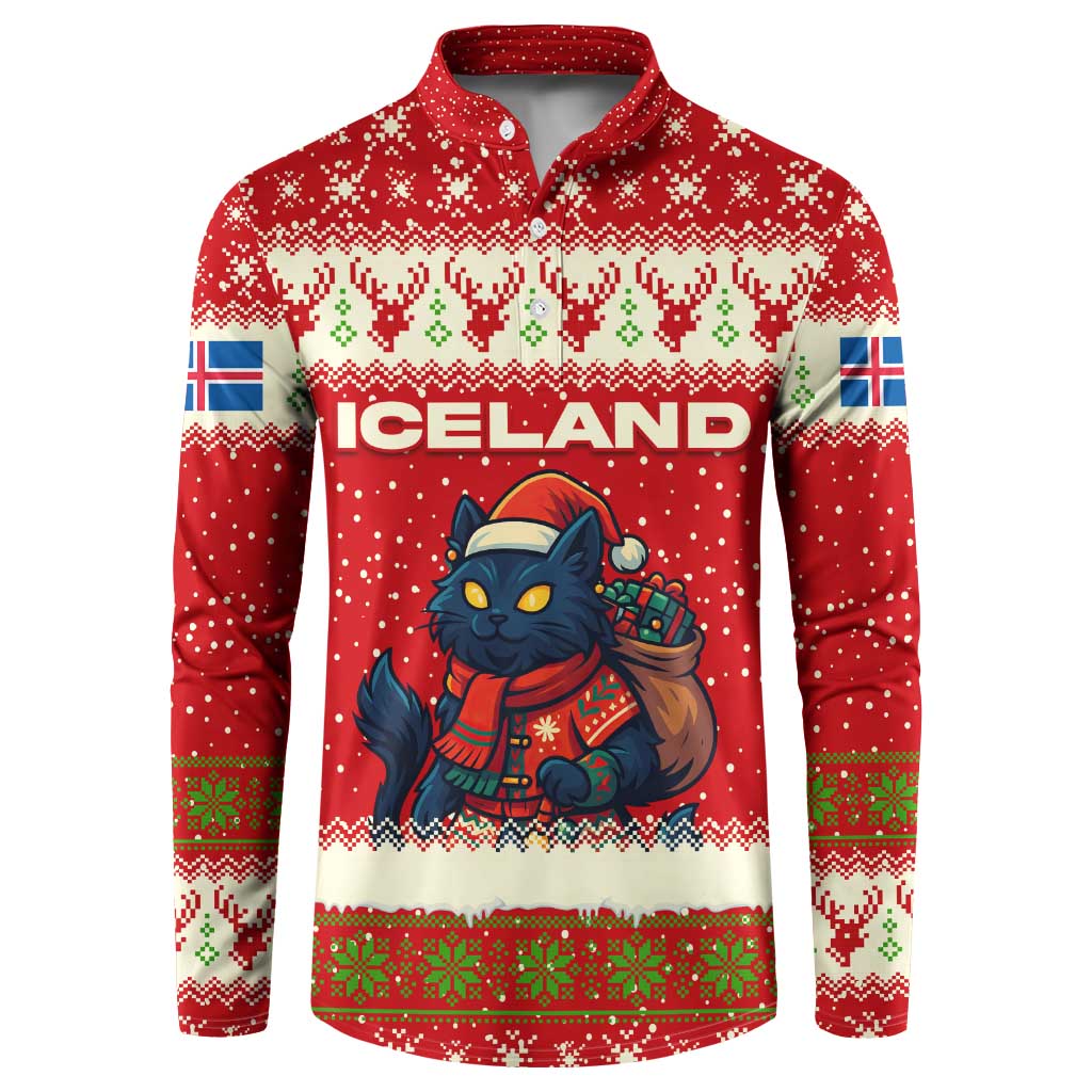 Iceland Christmas Button Sweatshirt with Red Snowflake Pattern Yule Cat and National Coat of Arms Motif - Wonder Print Shop