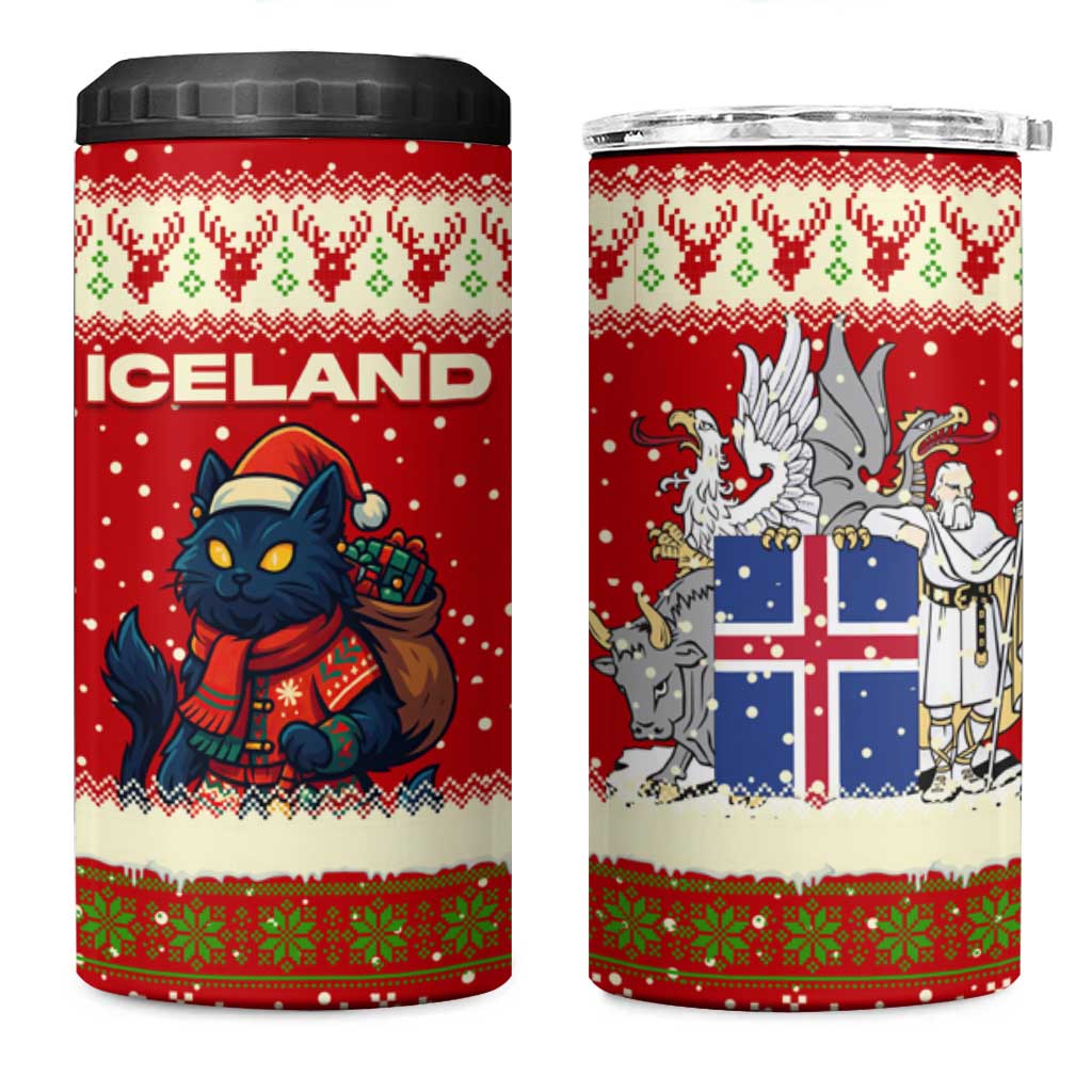 Iceland Christmas 4 in 1 Can Cooler Tumbler with Red Snowflake Pattern Yule Cat and National Coat of Arms Motif - Wonder Print Shop