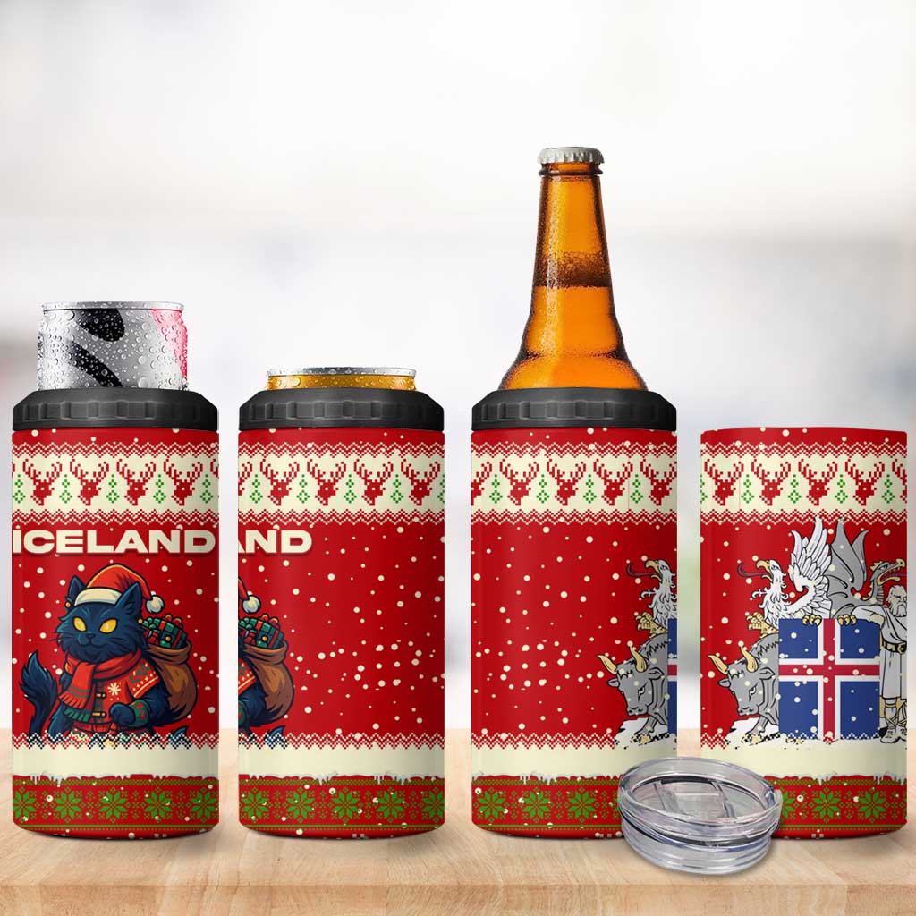 Iceland Christmas 4 in 1 Can Cooler Tumbler with Red Snowflake Pattern Yule Cat and National Coat of Arms Motif - Wonder Print Shop