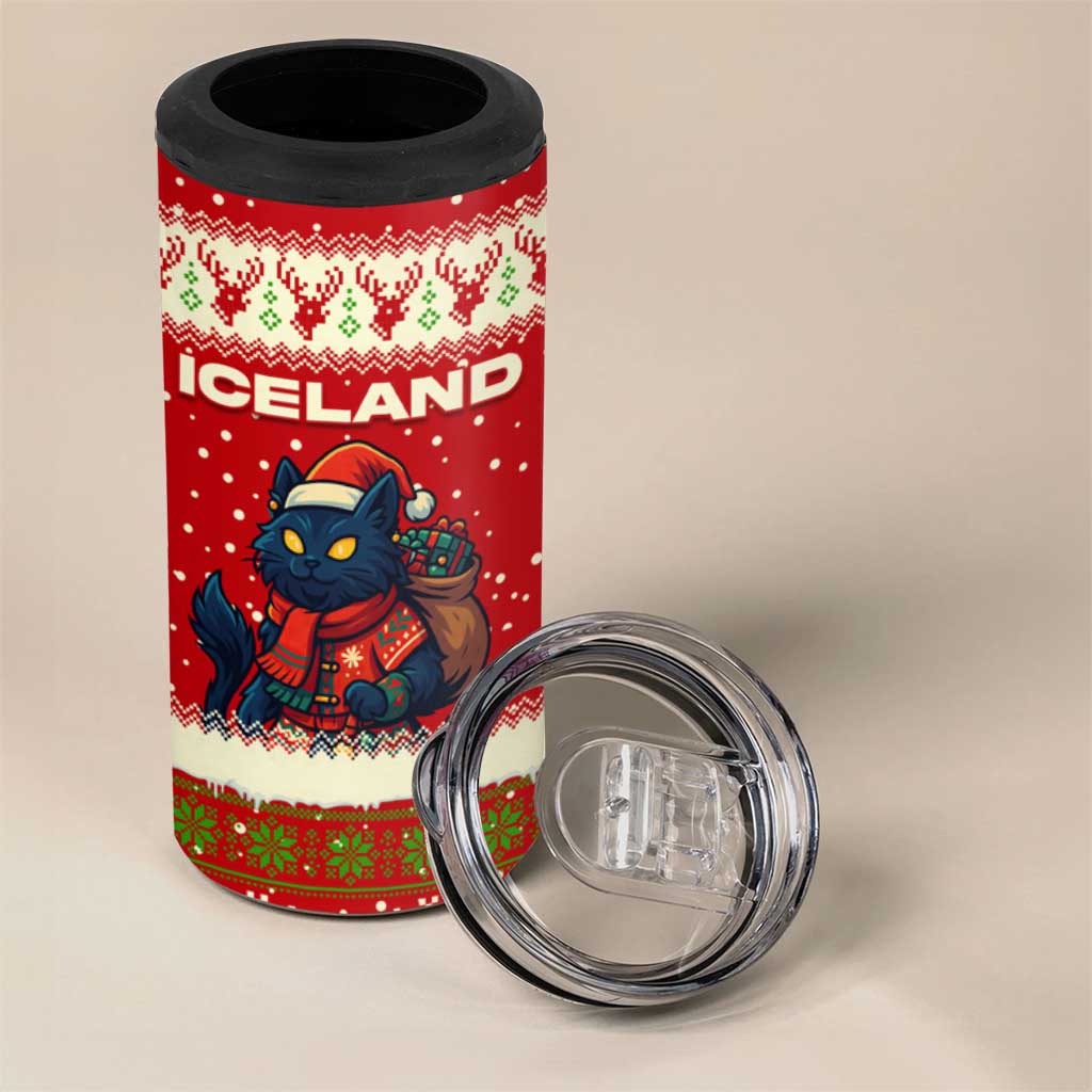 Iceland Christmas 4 in 1 Can Cooler Tumbler with Red Snowflake Pattern Yule Cat and National Coat of Arms Motif - Wonder Print Shop