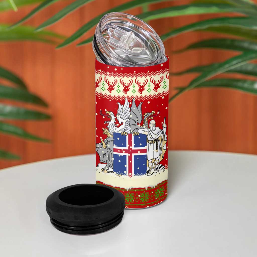 Iceland Christmas 4 in 1 Can Cooler Tumbler with Red Snowflake Pattern Yule Cat and National Coat of Arms Motif - Wonder Print Shop