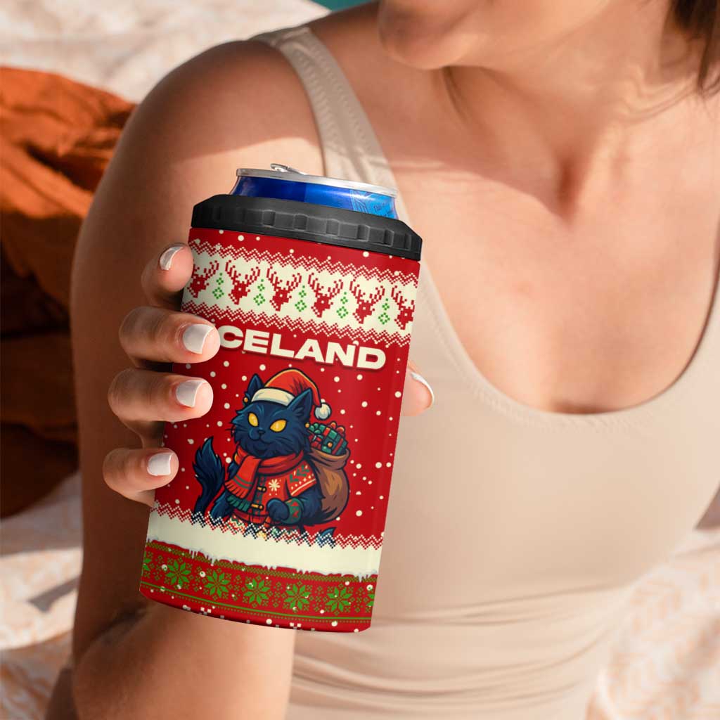 Iceland Christmas 4 in 1 Can Cooler Tumbler with Red Snowflake Pattern Yule Cat and National Coat of Arms Motif - Wonder Print Shop