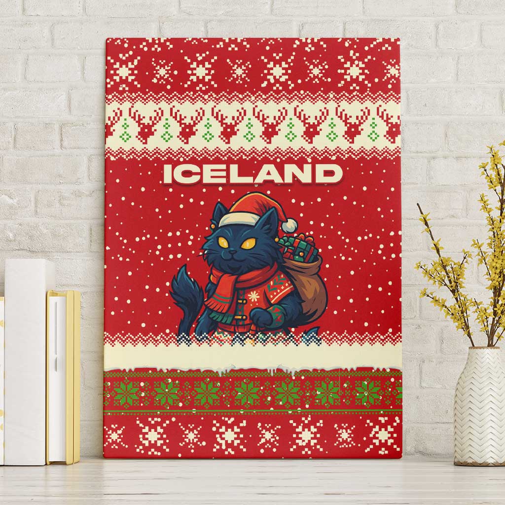 Iceland Christmas Canvas Wall Art with Red Snowflake Pattern Yule Cat and National Coat of Arms Motif - Wonder Print Shop
