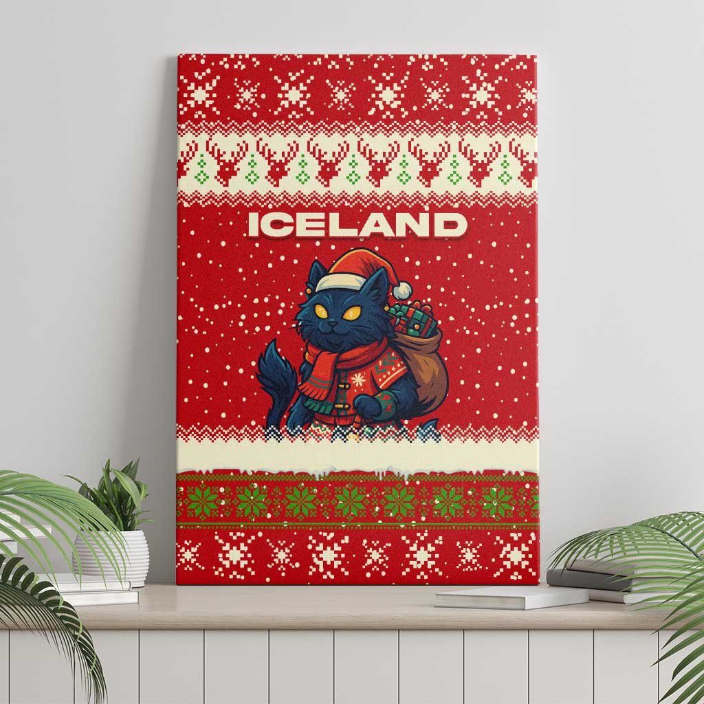 Iceland Christmas Canvas Wall Art with Red Snowflake Pattern Yule Cat and National Coat of Arms Motif - Wonder Print Shop
