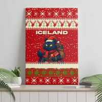 Iceland Christmas Canvas Wall Art with Red Snowflake Pattern Yule Cat and National Coat of Arms Motif - Wonder Print Shop